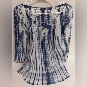 Boho Chaps Shirt Womens Med Blue White Tie Dye 3/4 Sleeve Cotton Blouse Hippie
